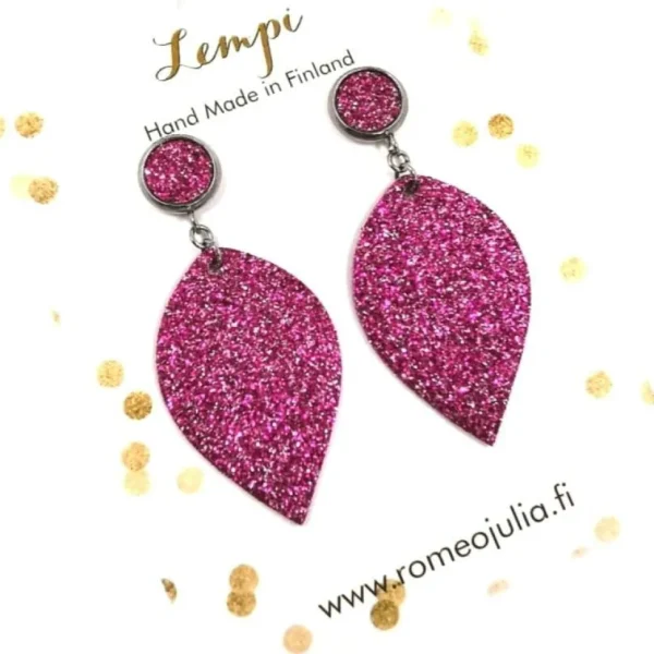 LEMPI-korvakorut, Lehti (nappikiinnityksellä, fuksia glitter)