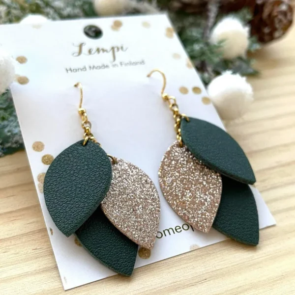 LEMPI-korvakorut, Pikku Vilja (tummanvihreä, ruusukulta glitter)