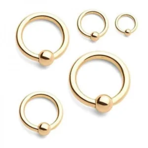 Lävistysrengas, BCR, (titaani goldzircon) 1,6mm/useita halkaisijoita/5mm pallo