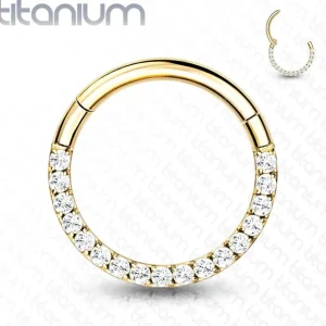 Lävistysrengas, Front Facing Titanium Hinged Hoop Ring with CZ in Gold