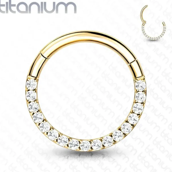 Lävistysrengas, Front Facing Titanium Hinged Hoop Ring with CZ in Gold