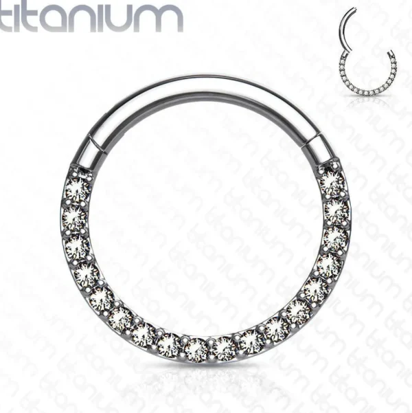 Lävistysrengas, Front Facing Titanium Hinged Hoop Rings with CZ