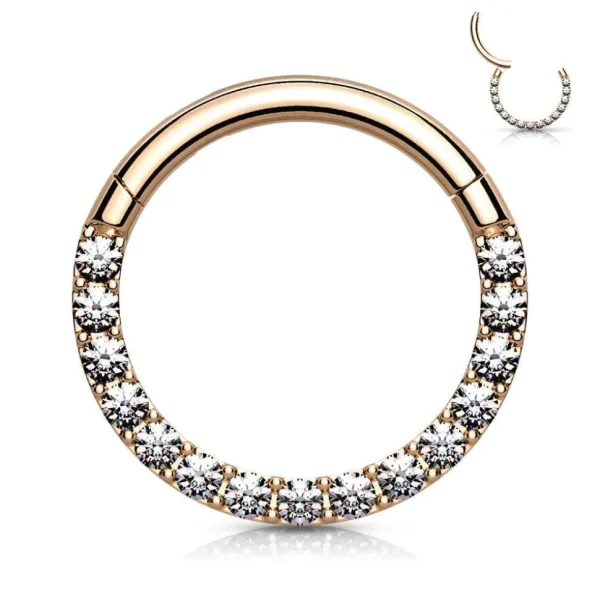 Lävistysrengas, Front Facing Titanium Hinged Hoop with CZ in Rosegold