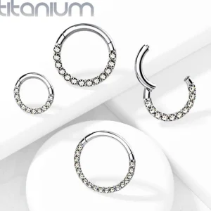 Lävistysrengas, Front Facing Titanium Hinged Hoop Rings with CZ