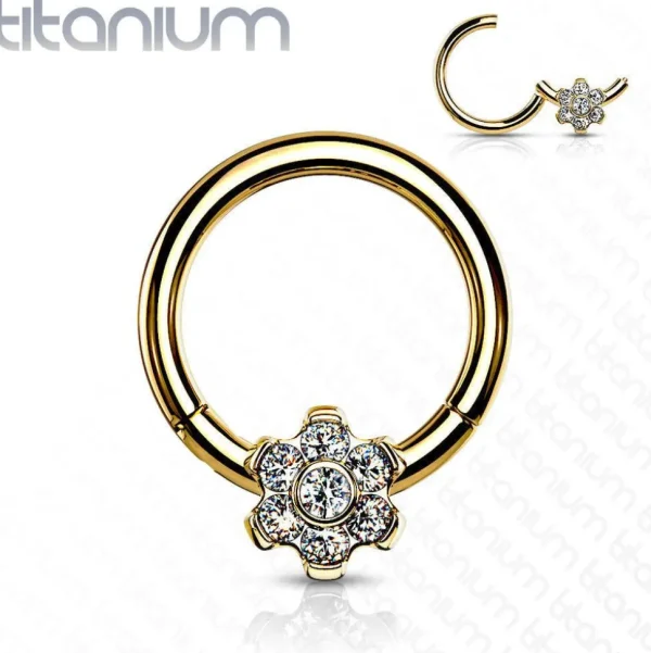 Lävistysrengas, Implant Grade Titanium Ring with CZ Flower in Gold