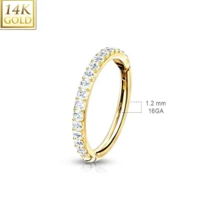 Lävistysrengas, 14K Gold CZ Paved Half Circle Hinged Ring -kultarengas