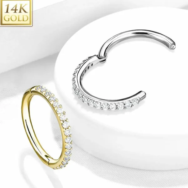 Lävistysrengas, 14K Gold CZ Paved Half Circle Hinged Ring -kultarengas