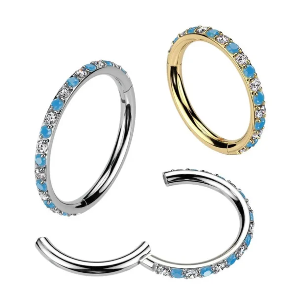 Lävistysrengas 1,2mm, Gold Titanium Hoop Blue CZ -titaaninen clicker
