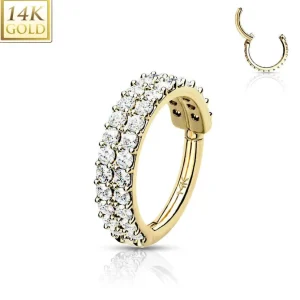 Lävistysrengas Ø10mm, 14K Gold Double Line CZ Hinged Ring -kultarengas