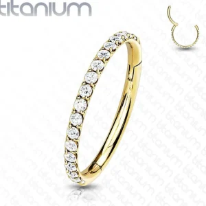 Lävistysrengas 1mm, Titanium Hinged Segment Hoop Ring with CZ in Gold