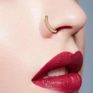 Lävistysrengas 1mm, Titanium Hinged Segment Hoop Ring with CZ in Gold