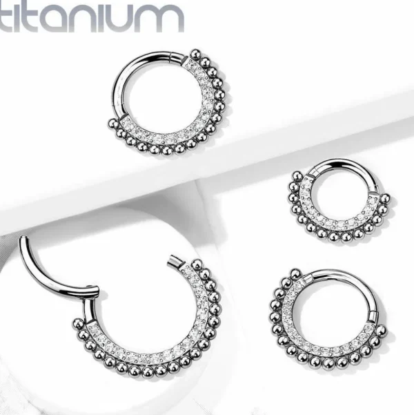 Lävistysrengas, Titanium Hoop Rings with Lined CZ and Balls
