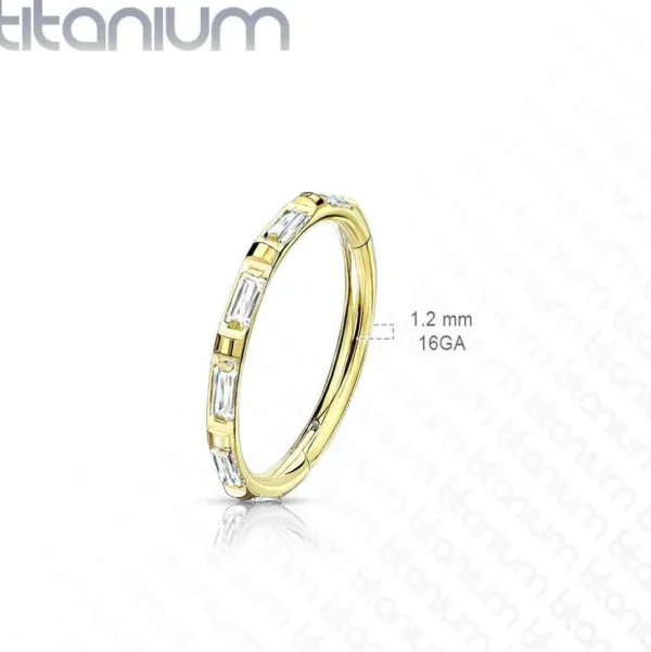 Lävistysrengas, Titanium Ring Rectangular Baguette CZ in Gold