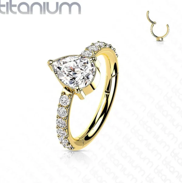 Lävistysrengas,Titanium CZ Teardrop Center Clicker in Gold