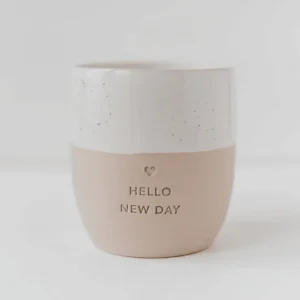 Muki, Hello New Day Mug -käsintehty korvaton tekstimuki