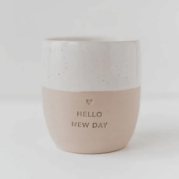 Muki, Hello New Day Mug -käsintehty korvaton tekstimuki