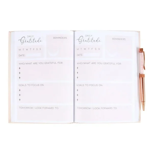 My Gratitude Journal -kiitollisuuspäiväkirja ja ruusukvartsikynä