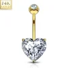 Napakoru, 14K Heart CZ Prong Set Navel Ring -kultainen napakoru