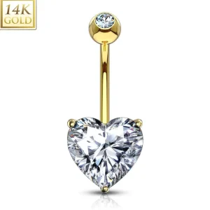 Napakoru, 14K Heart CZ Prong Set Navel Ring -kultainen napakoru
