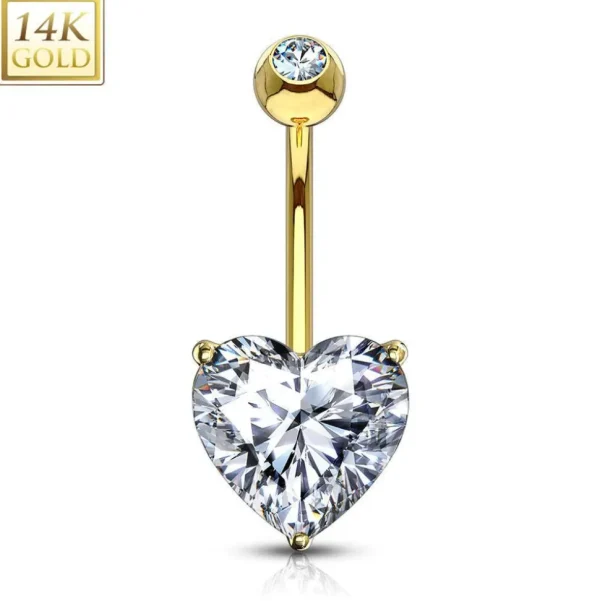 Napakoru, 14K Heart CZ Prong Set Navel Ring -kultainen napakoru