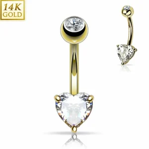 Napakoru, 14K Heart CZ Prong Set Navel Ring -kultainen napakoru