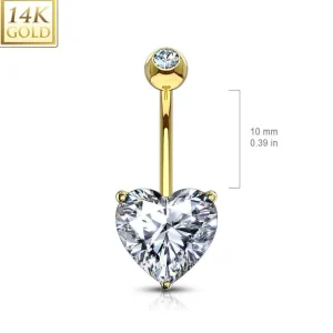 Napakoru, 14K Heart CZ Prong Set Navel Ring -kultainen napakoru