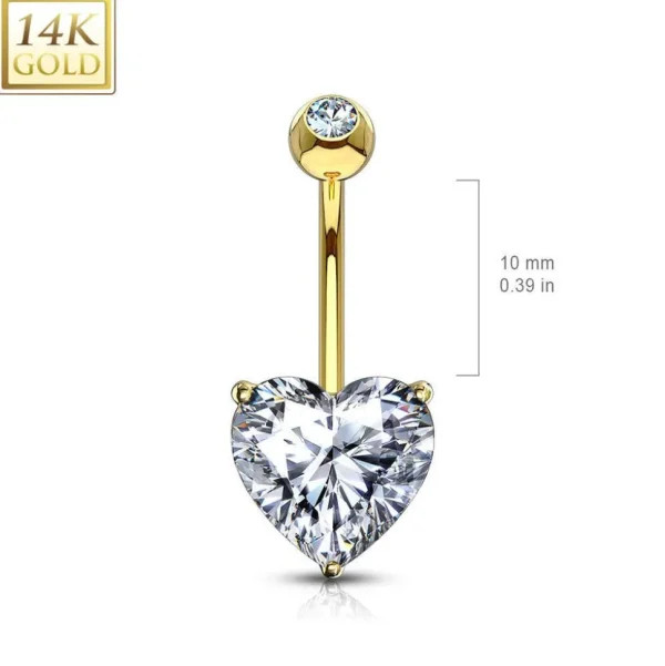 Napakoru, 14K Heart CZ Prong Set Navel Ring -kultainen napakoru