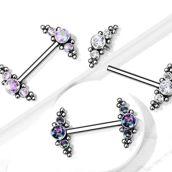 Nännikoru, Titanium Nipple Barbells with Bezel Set CZ Multi
