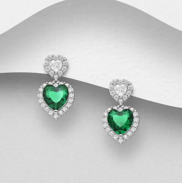 PREMIUM COLLECTION | Olivia -roikkuvat hopeiset vihreät sydänkorvakorut