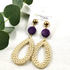 Rottinkikorvakorut/Teardrop Rattan Earrings with Purple Wooden Pearl