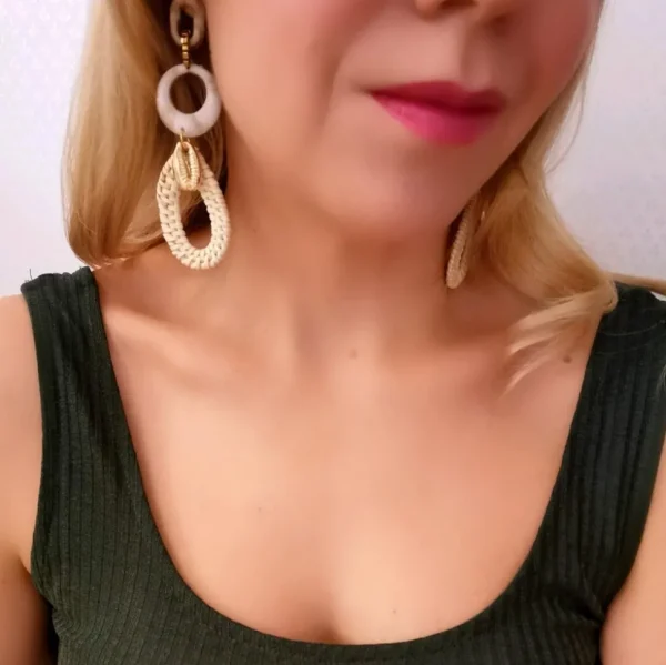 Rottinkorvakorut, Natural Rattan Earrings with Marble Details