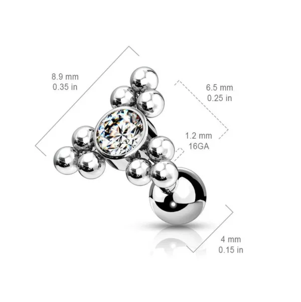 Rustokoru/traguskoru, Ball Cluster Triangle Top with CZ in Clear
