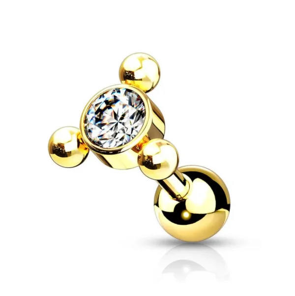 Rustokoru/traguskoru, 3-Ball Gold Triangle Top with CZ in Clear