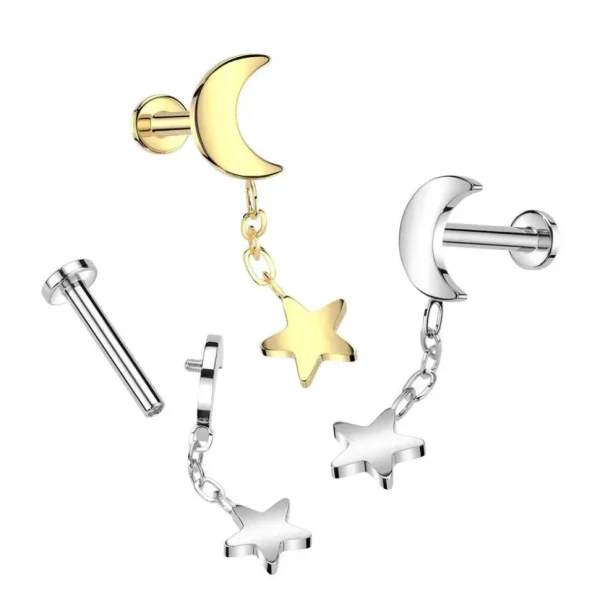 Rustokoru/traguskoru, Crescent Star Dangle in Gold -titaaninen labret