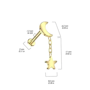 Rustokoru/traguskoru, Crescent Star Dangle in Gold -titaaninen labret