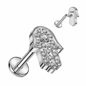 Rustokoru/traguskoru, Crystal Hamsa in Silver -titaaninen labret