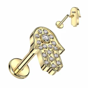 Rustokoru/traguskoru, Crystal Hamsa in Gold -titaaninen labret