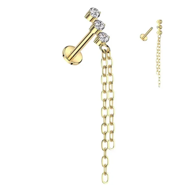 Rustokoru/traguskoru, CZ Chain Dangle in Gold -titaaninen labret