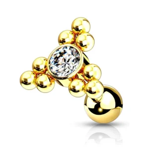 Rustokoru/traguskoru, Gold Ball Cluster Triangle Top with CZ in Clear