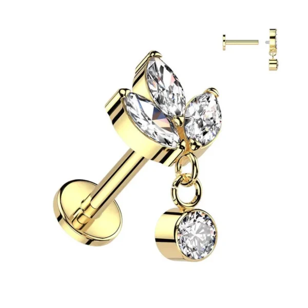 Rustokoru/traguskoru, Marquise Leaf Dangle in Gold -titaaninen labret