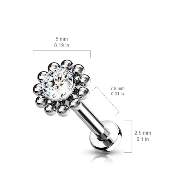 Rustokoru/traguskoru 1mm, Titaaninen push in labret (hopea, AB)