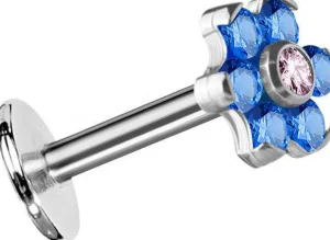 Rustokoru/traguskoru, Titanium Mini Flower Labret with Blue & Pink CZ