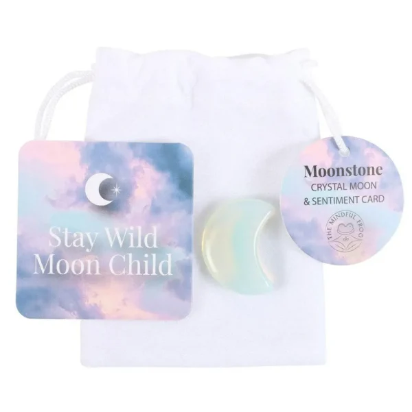 Stay Wild Moon Child -opaliitti kuunsirppi onnenkivi lahjapussissa