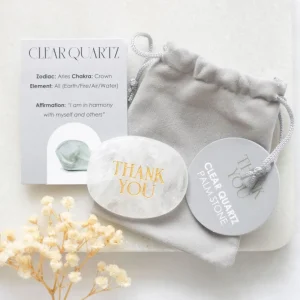 Thank You Clear Quartz -vuorikristalli kämmenkivi "kiitos"