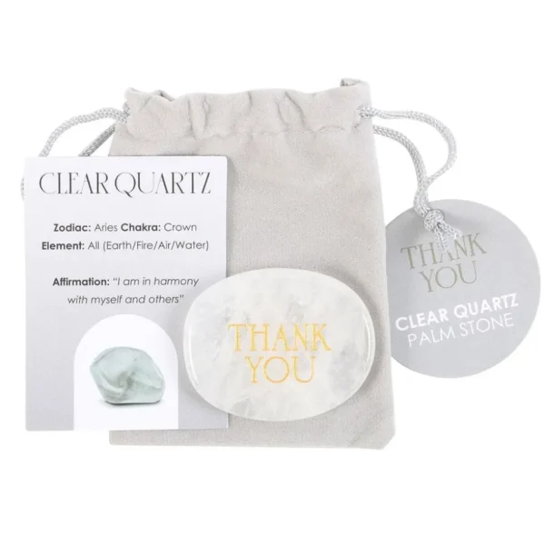 Thank You Clear Quartz -vuorikristalli kämmenkivi "kiitos"