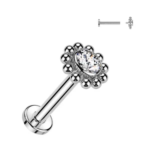 Titaani rustokoru/traguskoru, Beaded Edge CZ Top in Silver