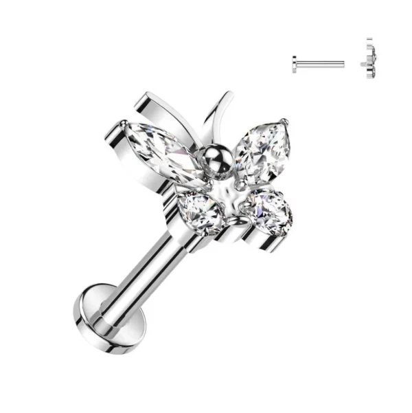 Titaani rustokoru/traguskoru, Butterfly Top -kimaltava labret (hopea)