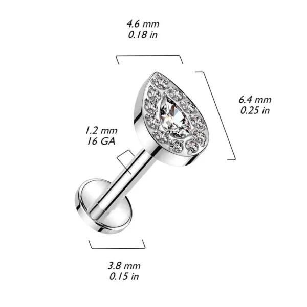 Titaani rustokoru/traguskoru, Teardrop Top -kimaltava labret (hopea)