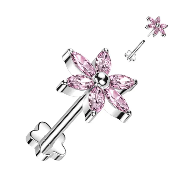 Titaaninen labret 1mm, Pink Push in Flower -vaaleanpunainen kukka