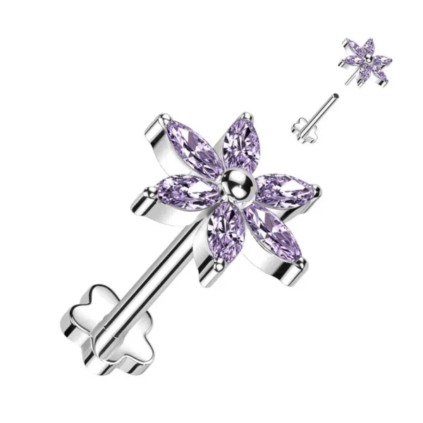 Titaaninen labret 1mm, Purple Push in Flower Labret